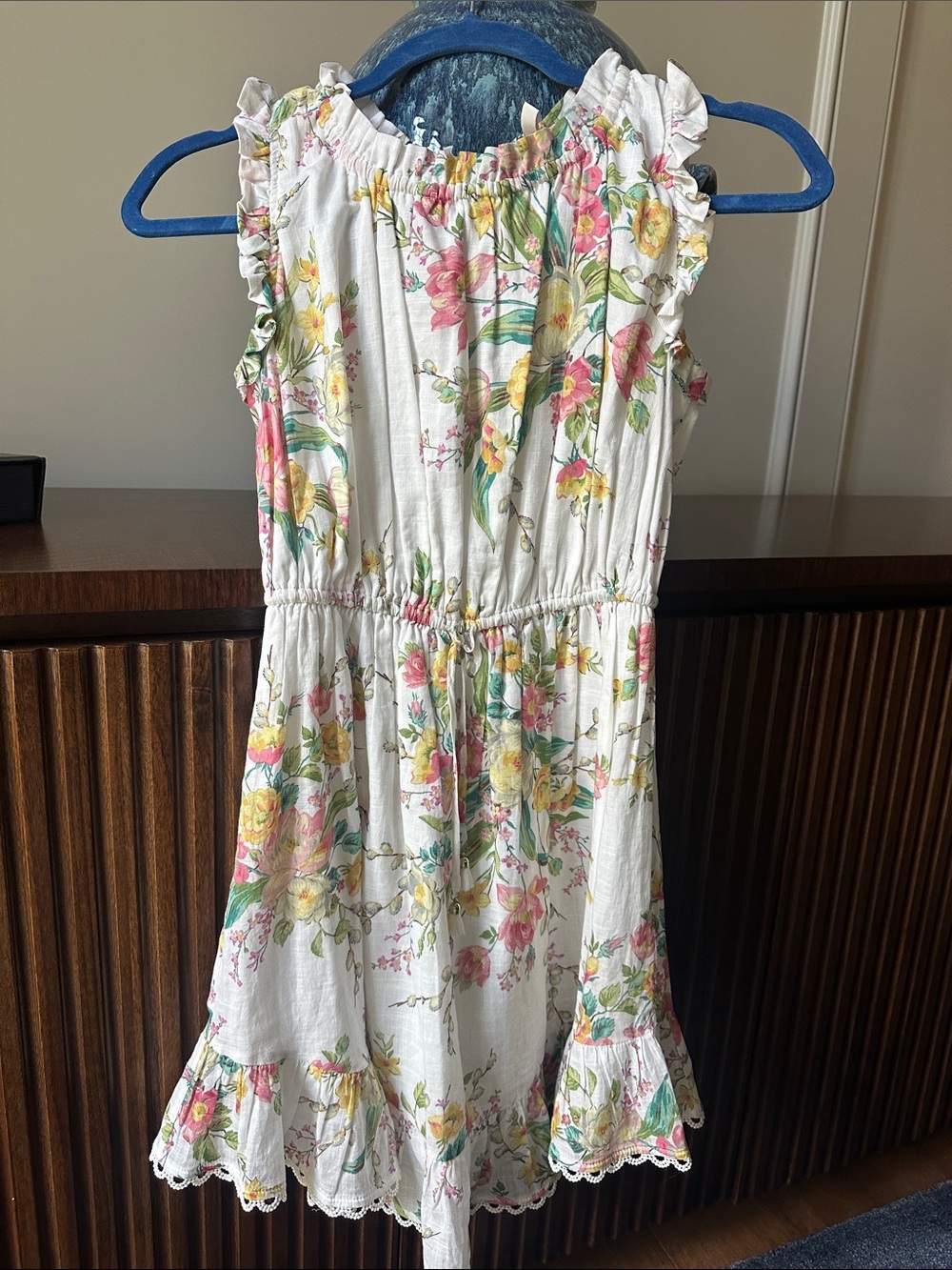 Zimmermann White Floral Ruffle Sundress with Pink and Yellow Blooms